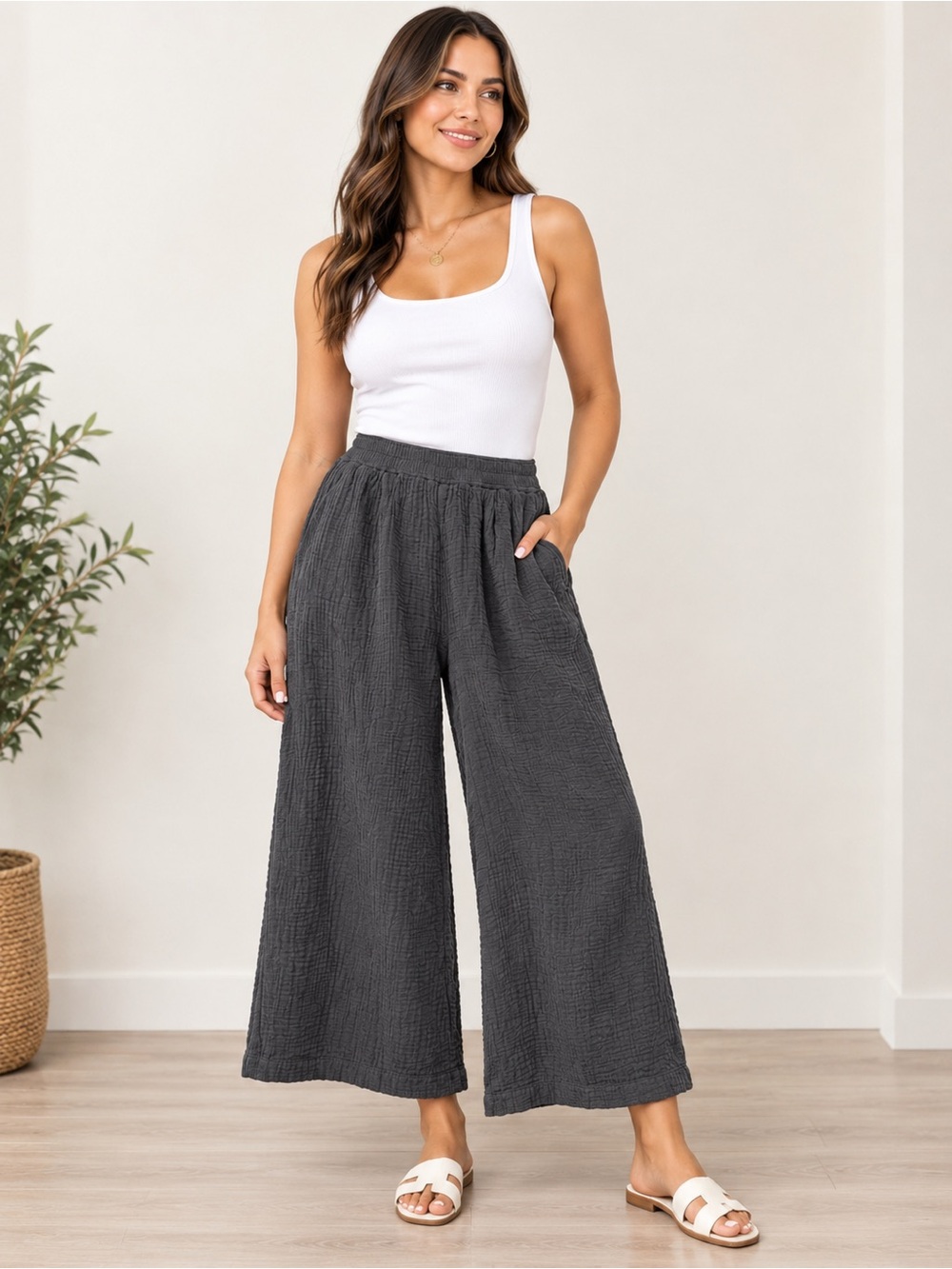 Madewell Gray Wide-Leg Cropped  Pants with Pockets and Elastic Waistband Size M